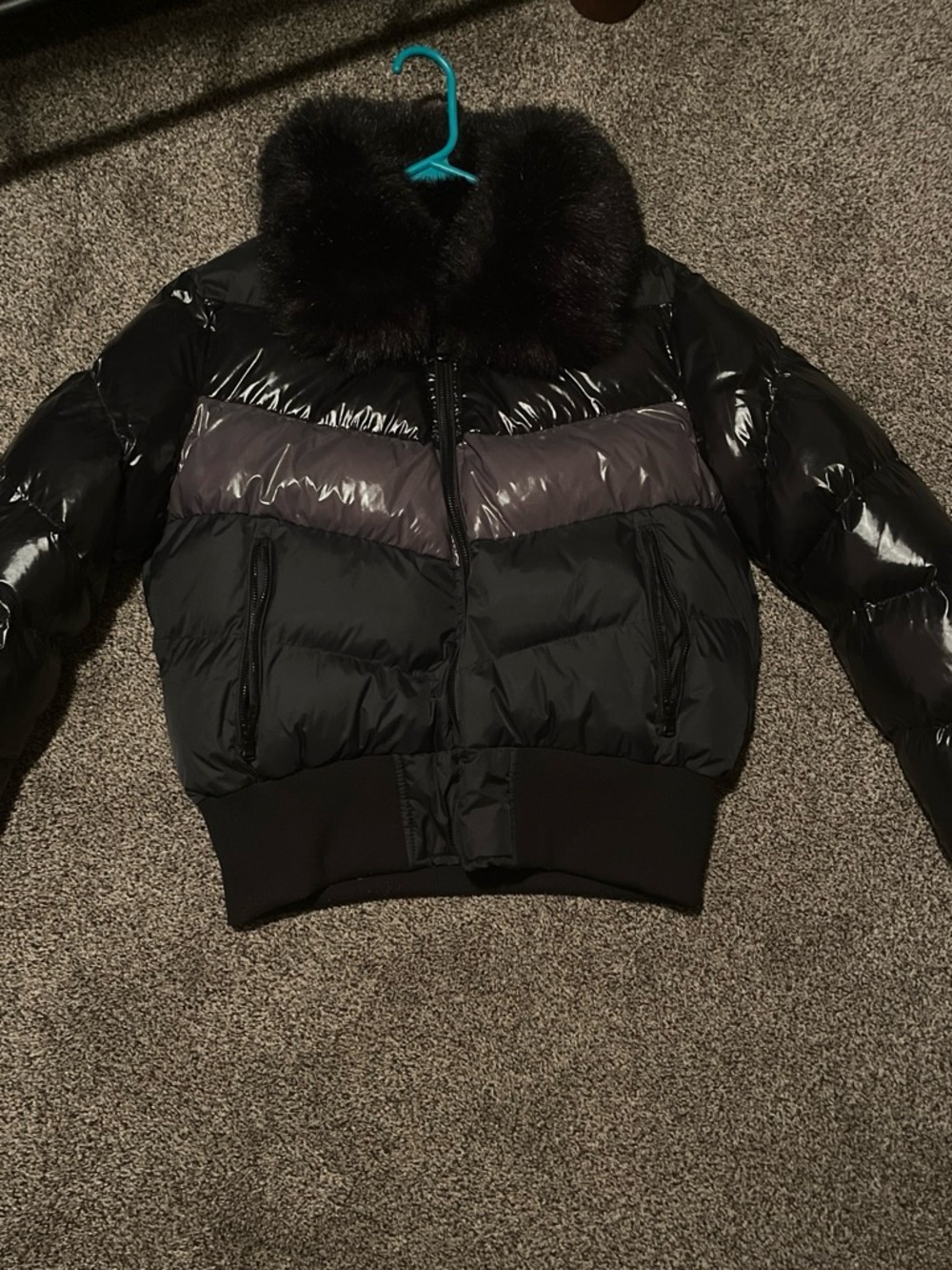 Kids Black Quilted Puffer Jacket with Faux Fur Collar